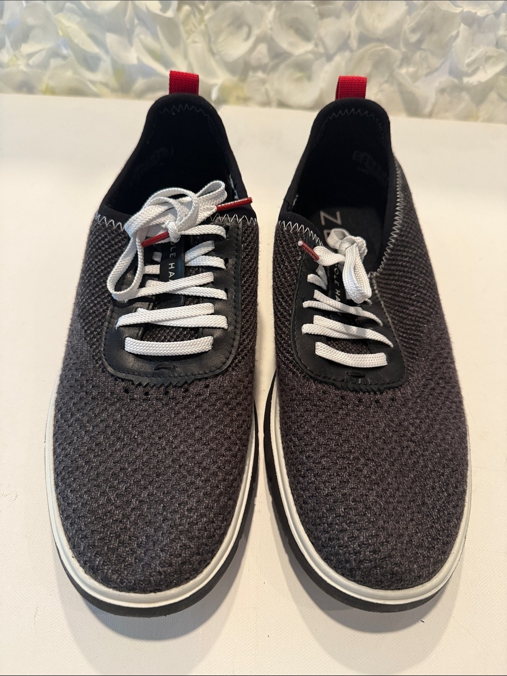 Cole Haan Men's Charcoal Knit Sneakers with White Laces and Red Pull Tabs
